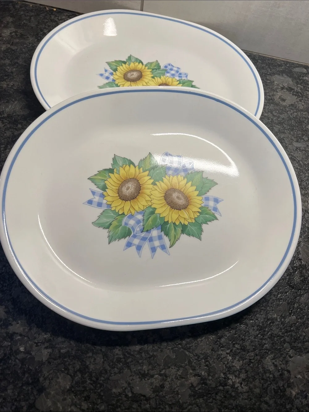 Corelle Sunflower Dinner Plates with Blue Trim